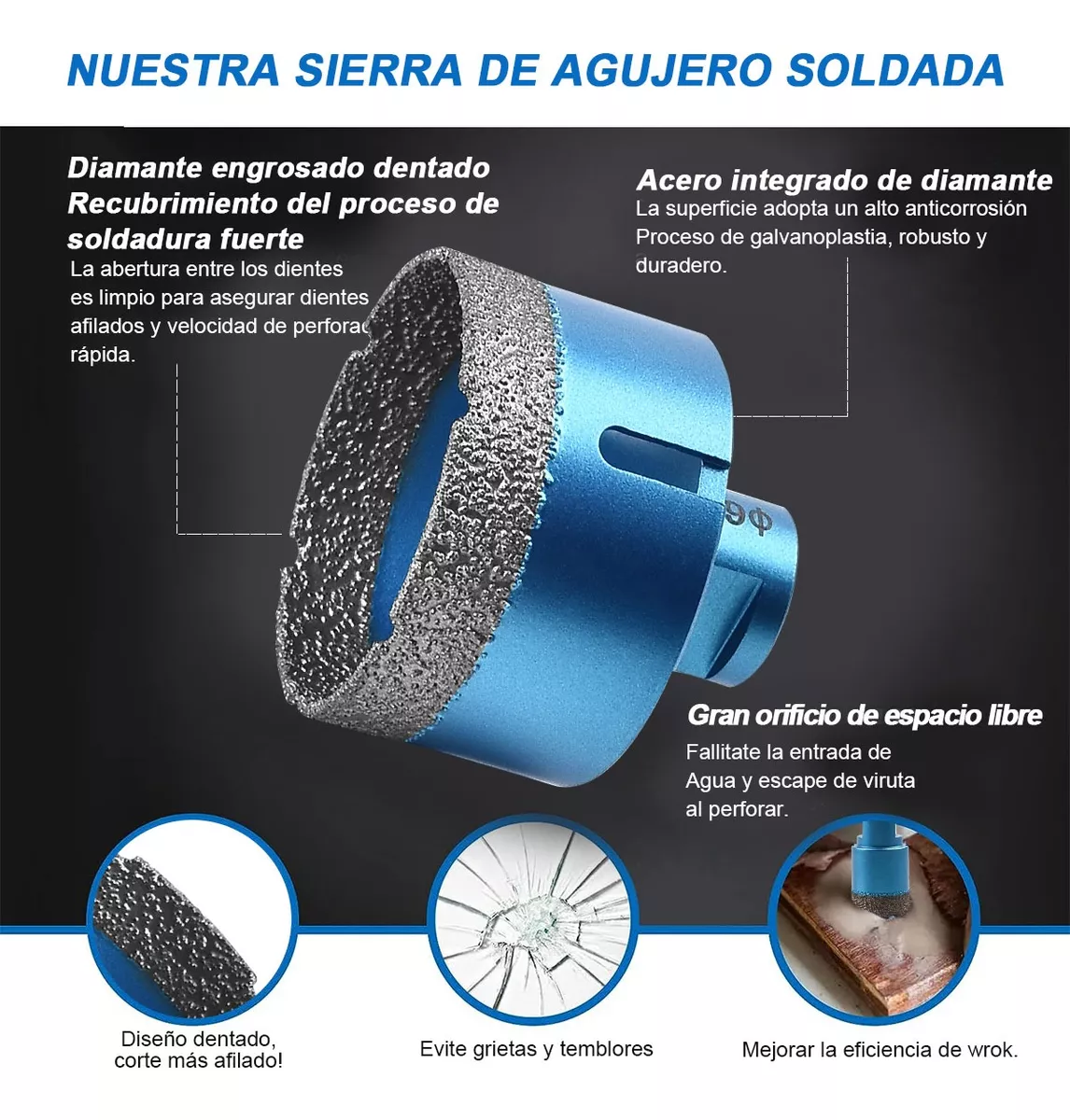 Broca Copa Esmeril M14 Para Mármol azul/plata 6 Pzs