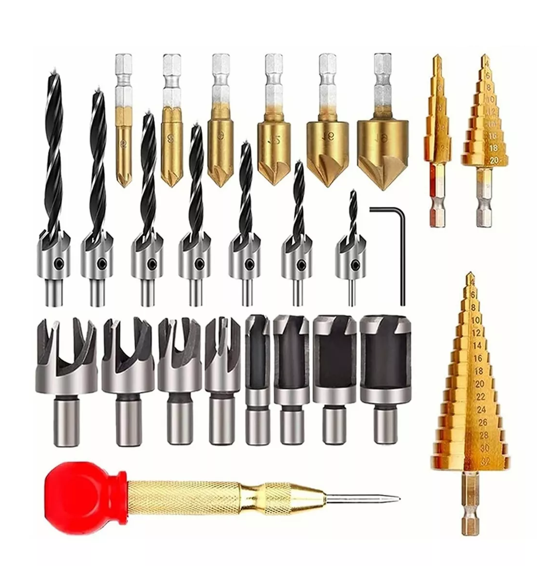 Juego de Brocas Avellanadora Escalonada Circular Sacabocado Madera Dorado/Plata 26 pzs