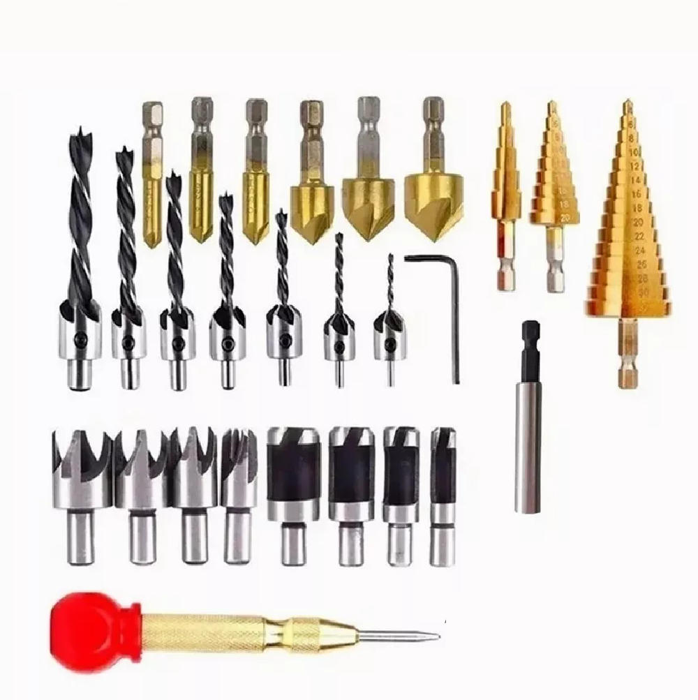 27 Brocas Avellanadora Escalonada Circular Sacabocado Madera Dorado/Plata