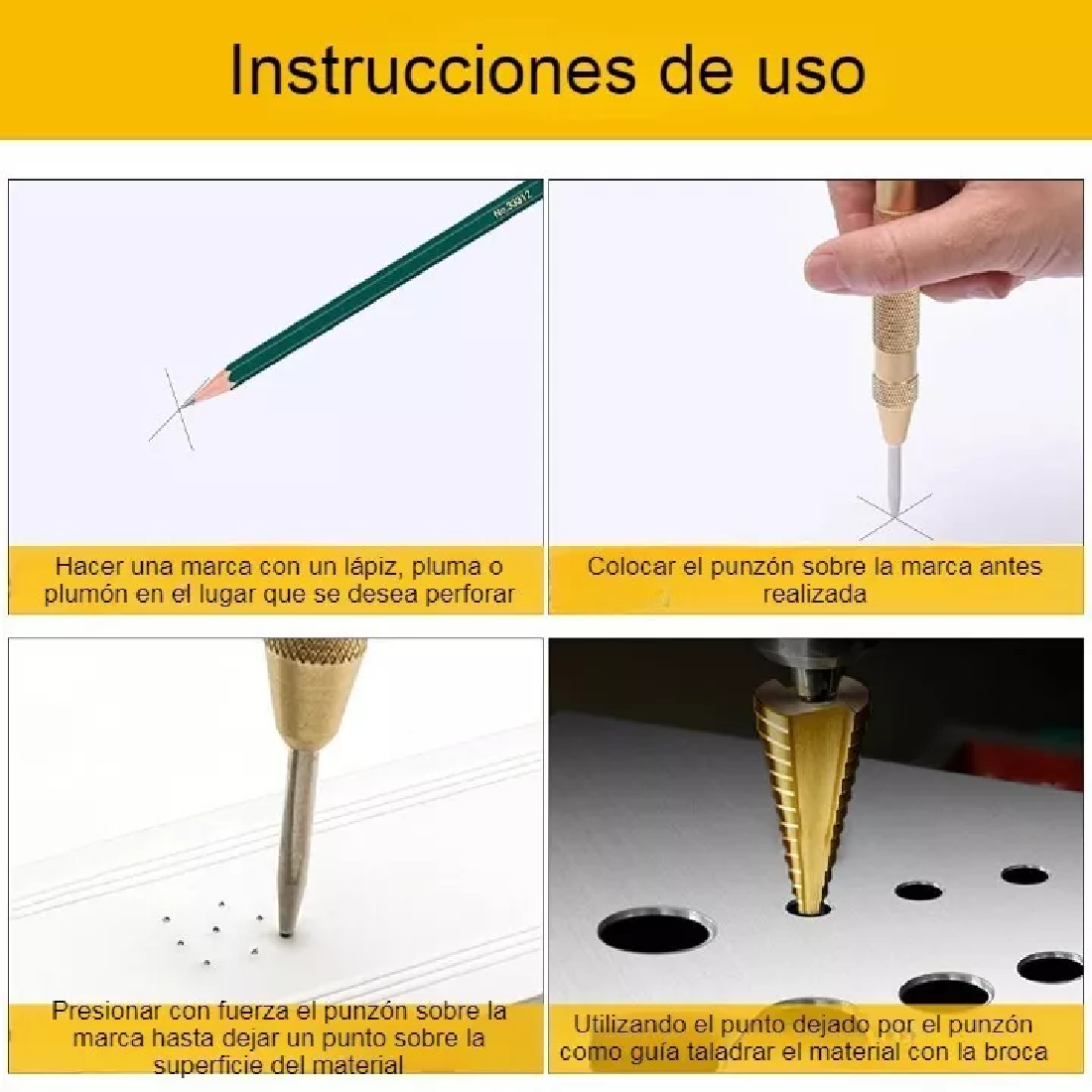 Broca Escalonada Conica Acero Rapido Kit Taladro 5uds+punzonNegro/Dorado