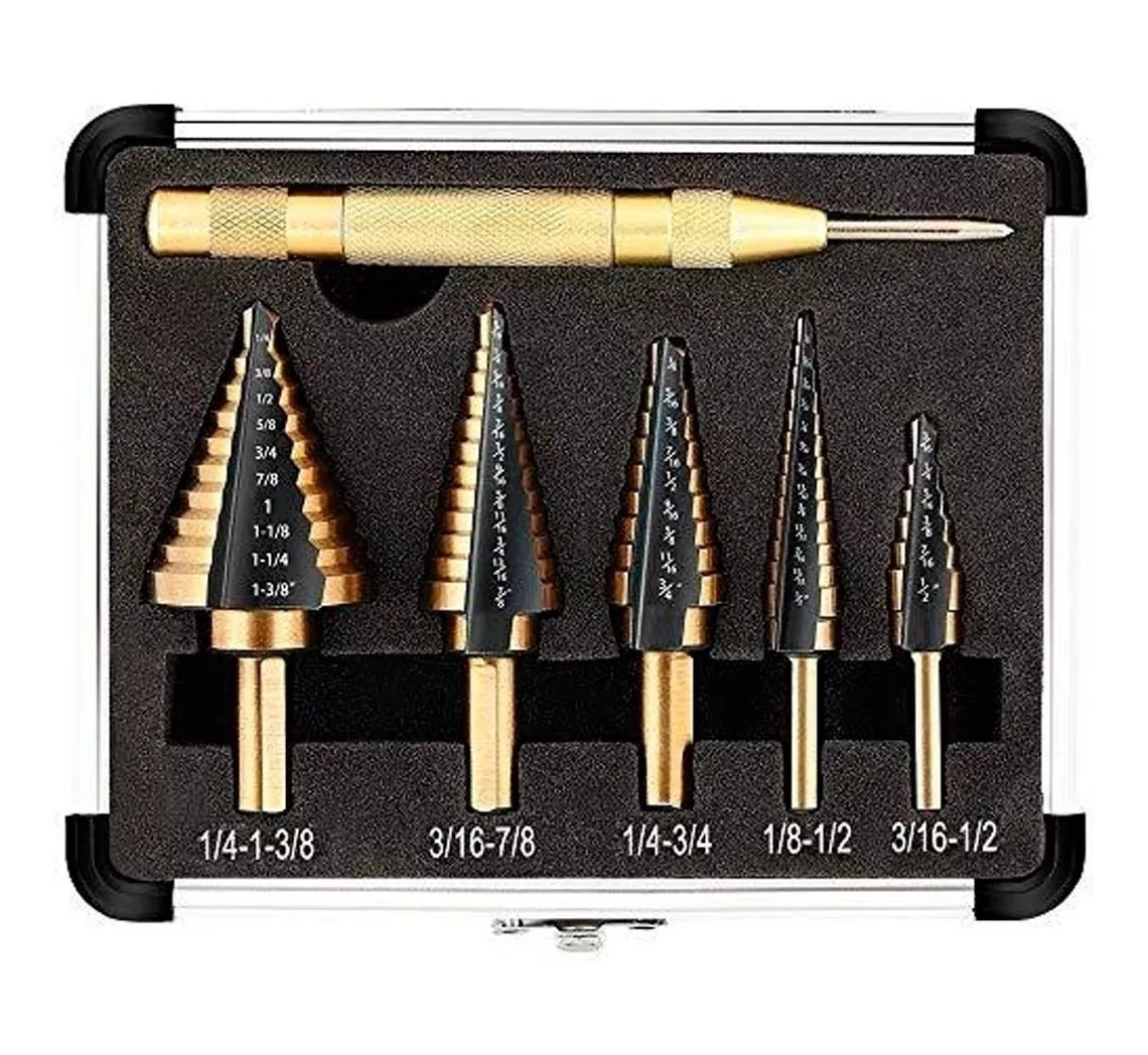 Broca Escalonada Conica Acero Rapido Kit Taladro 5uds+punzonNegro/Dorado