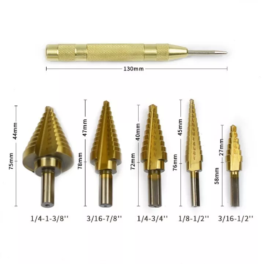 Broca Escalonada Conica Acero Rapido Kit Taladro 5uds+punzonNegro/Dorado