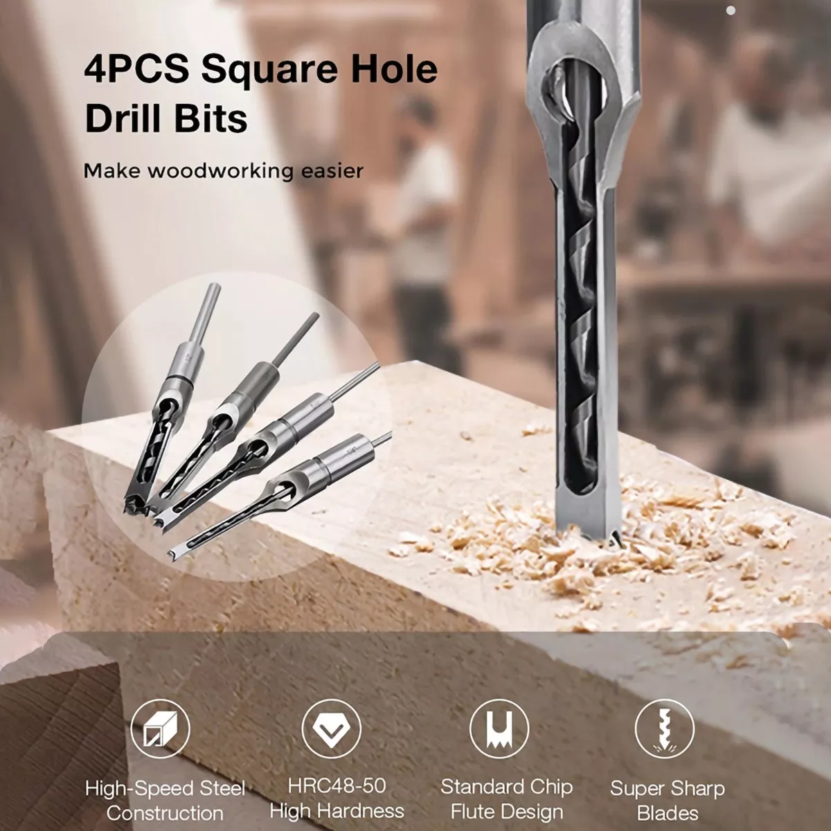 4pzs De Broca Escopleadora Cuadrada Para Madera Plata/NEGRO