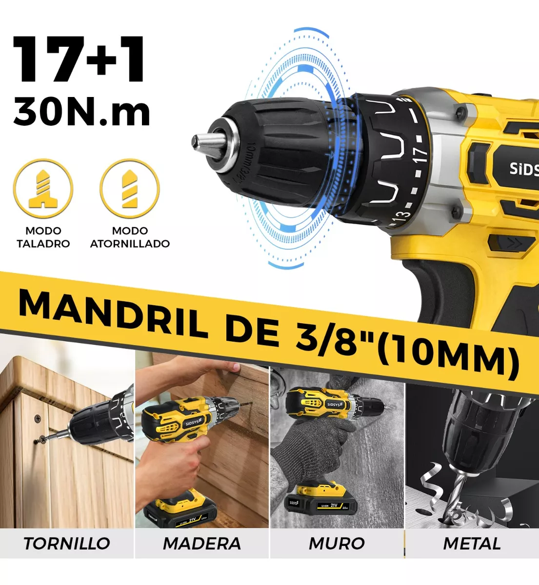 Taladros Inalámbricos Atornilladors Electrico 21v 2 Baterías Amarillo/Negro