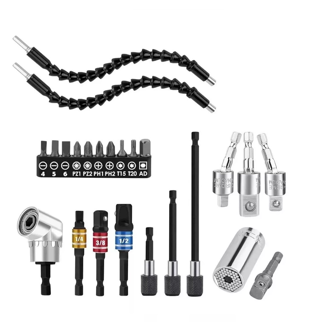 Kit De Adaptador De Taladro Eléctrico Con Angular 105° Negro 24pcs