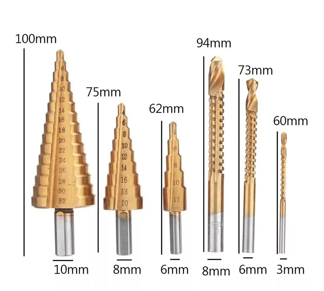 6 Brocas Escalonadas Sierra Titanio Acero Hss 4-12/20/32mm Dorado