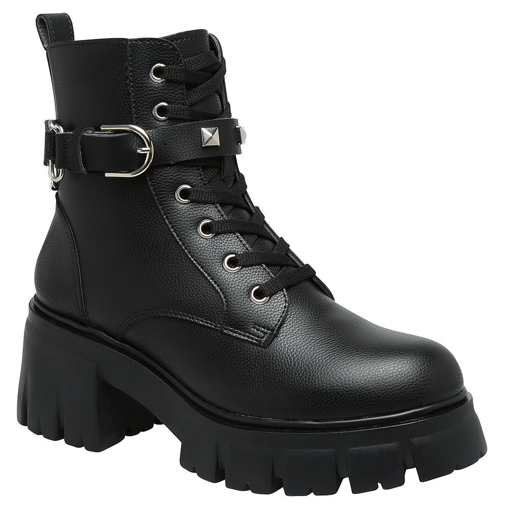 Botas Negras Combat Mujer Plataforma y Agujetas Hebillas Estilo Militar Modernas Dluca