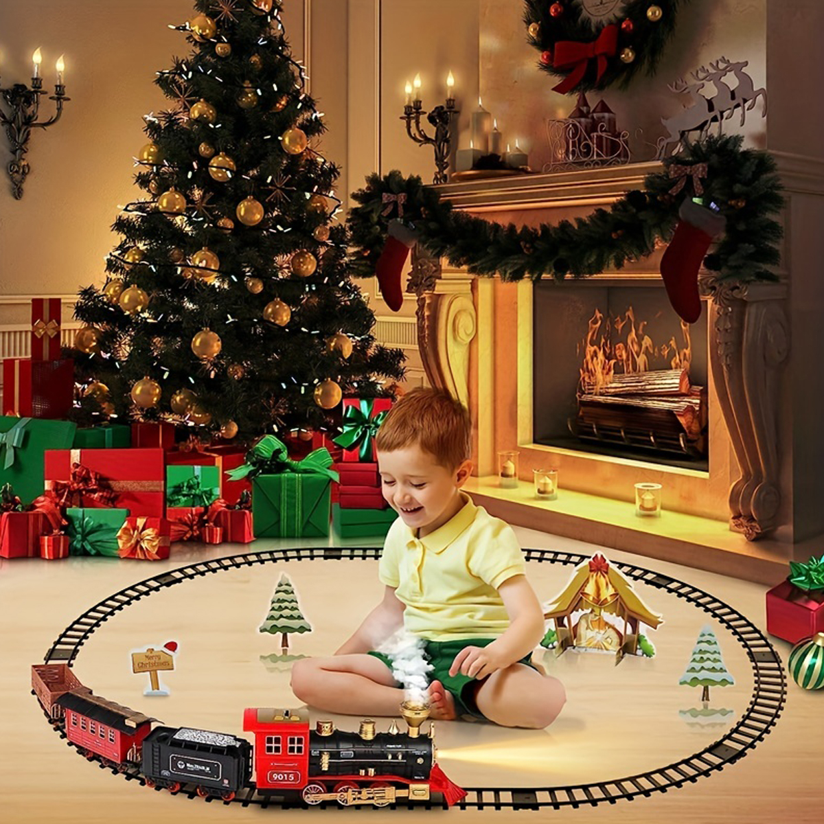 Hot Bee Model Train Set para niños - Juguetes de tren eléctrico de metal con locomotora de vapor, vagones de pasajeros brillantes, tren de juguete de aleación con pistas ricas, juguetes de