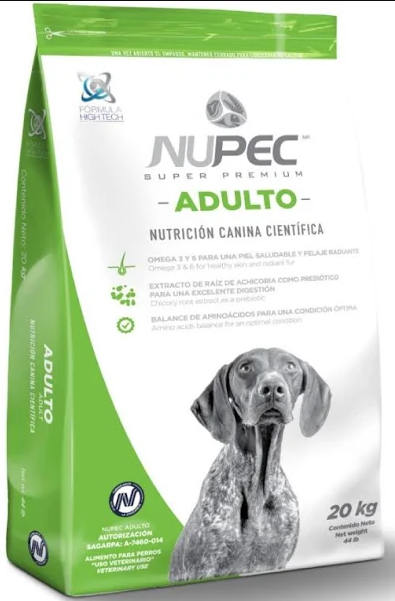 Nupec Adulto croqueta para perro, alimento con omega 3 y 6 para la protección de la piel y el pelaje. Extracto de raíz de achicoria como prebiótico para una excelente digestión. Balance de aminoácidos para una condición óptima. Bolsa de 20 kg