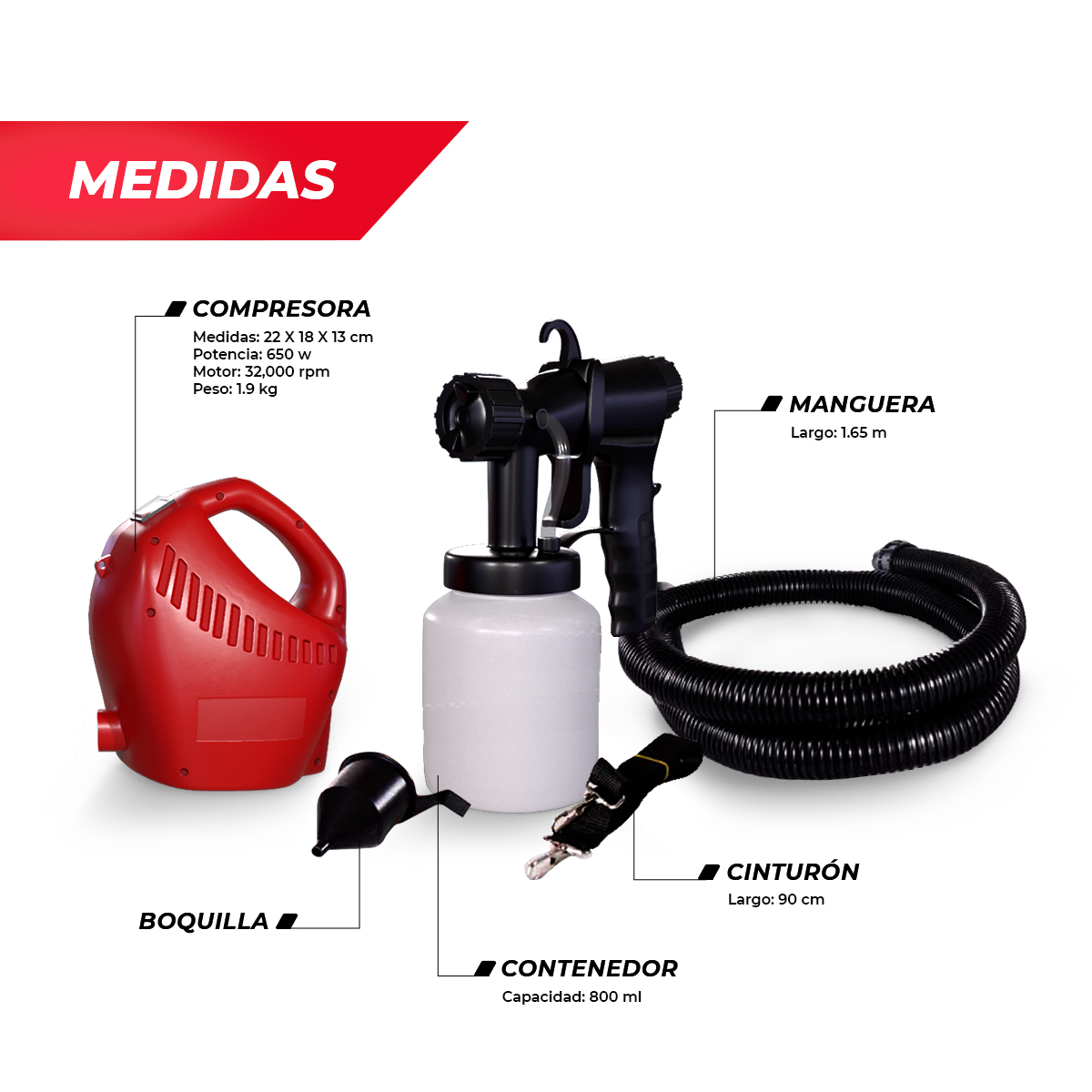 Pistola para Pintar de 800ml con Pulverizador Ajustable de 2 salidas y Manguera de 1.70m