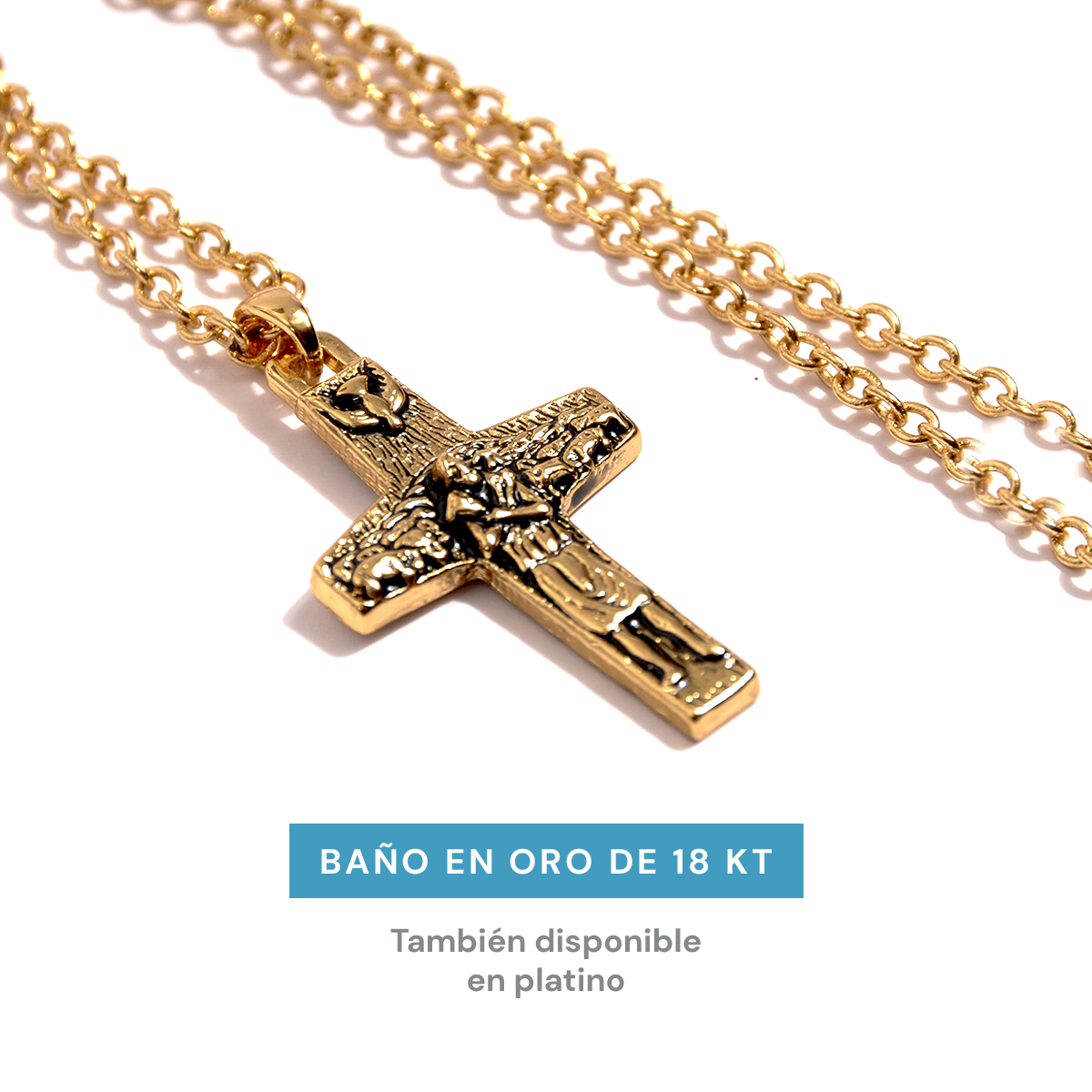 Cruz del Buen Pastor Papa Francisco Bañada en Oro 14k con Cadena CRUZ MEDIANA