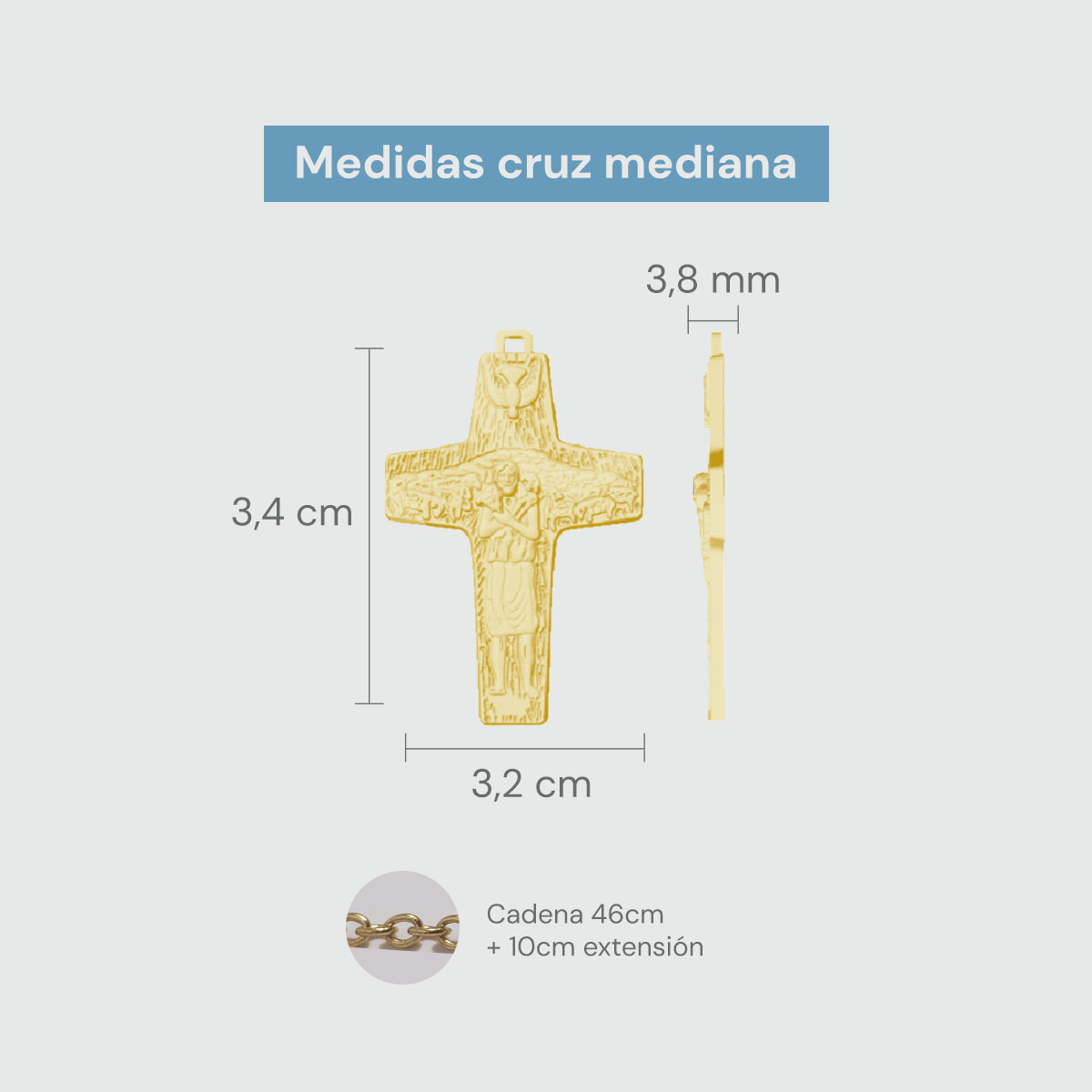 Cruz del Buen Pastor Papa Francisco Bañada en Oro 14k con Cadena CRUZ MEDIANA