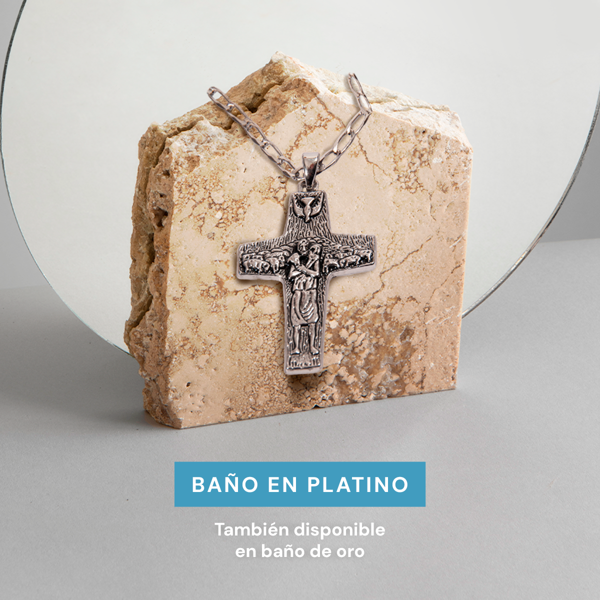 Cruz del Buen Pastor Papa Francisco Bañada en Platino con Cadena CRUZ GRANDE