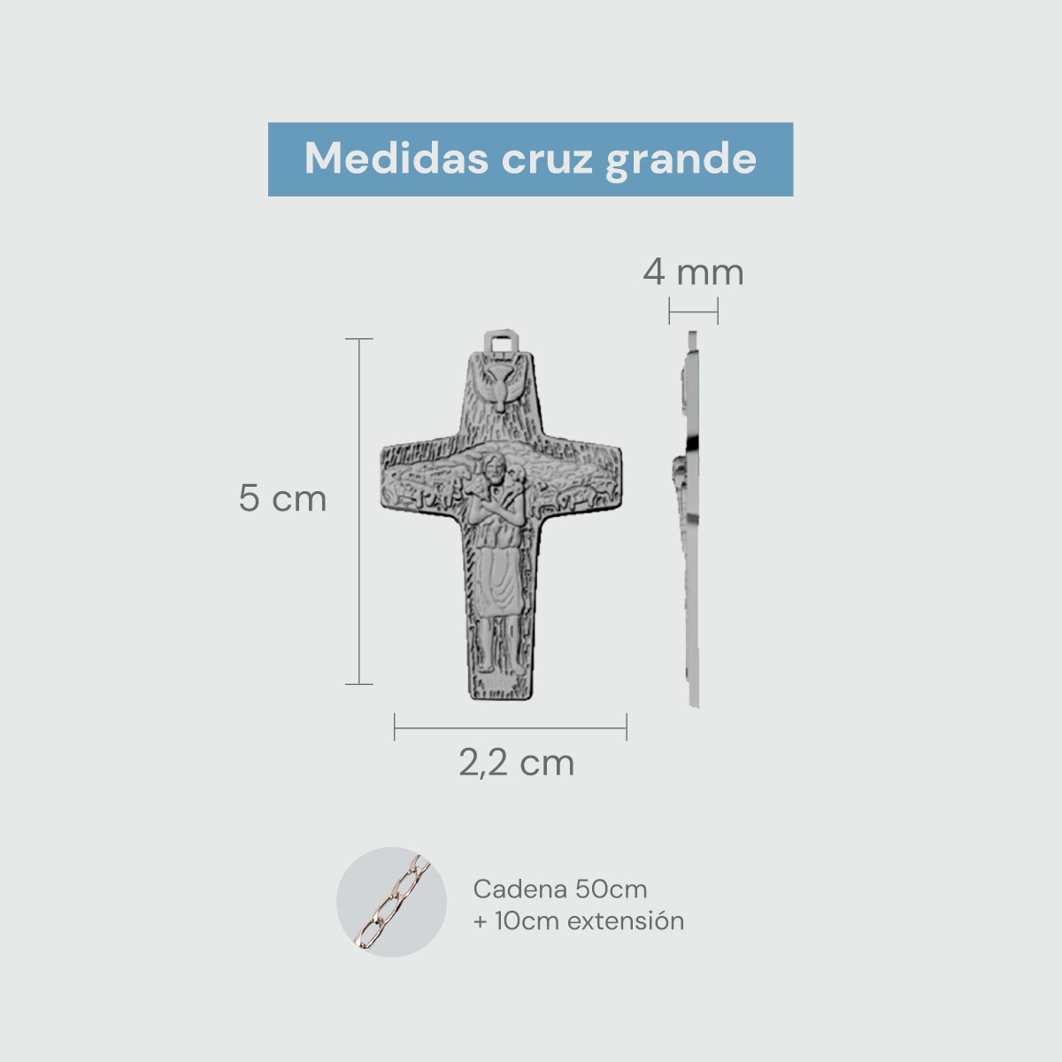 Cruz del Buen Pastor Papa Francisco Bañada en Platino con Cadena CRUZ GRANDE