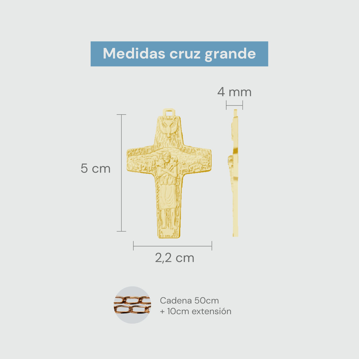Cruz del Buen Pastor Papa Francisco Bañada en Oro 14k con Cadena CRUZ GRANDE