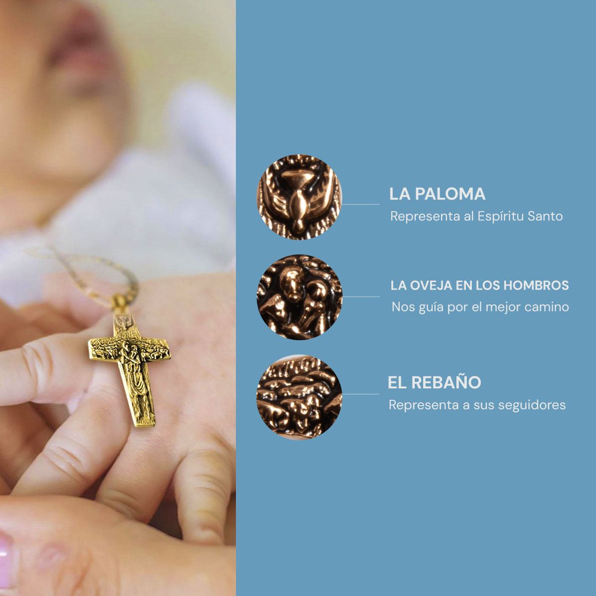 Cruz del Buen Pastor Papa Francisco Bañada en Oro 14k con Cadena CRUZ MEDIANA