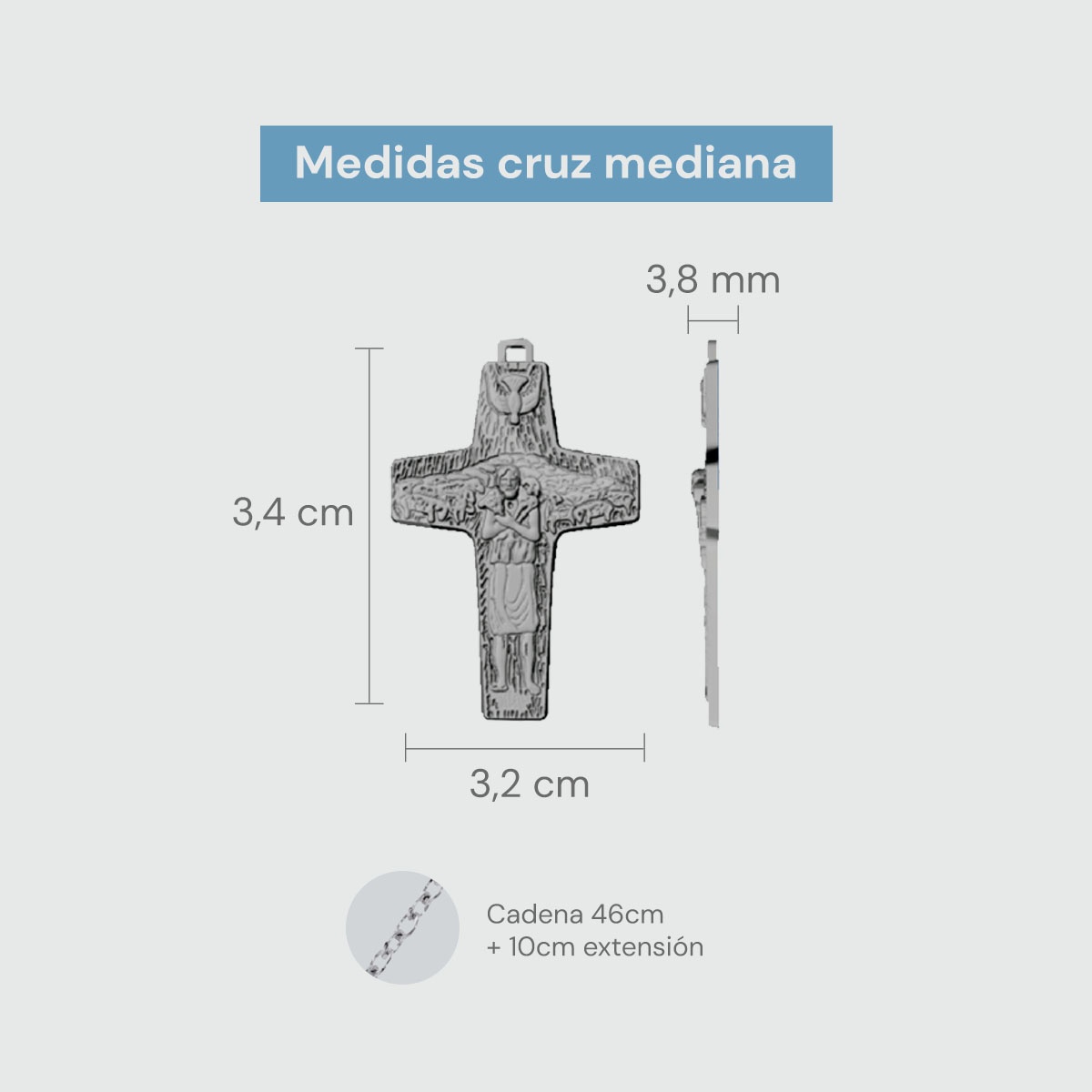 Cruz del Buen Pastor Papa Francisco Bañada en Platino con Cadena CRUZ MEDIANA