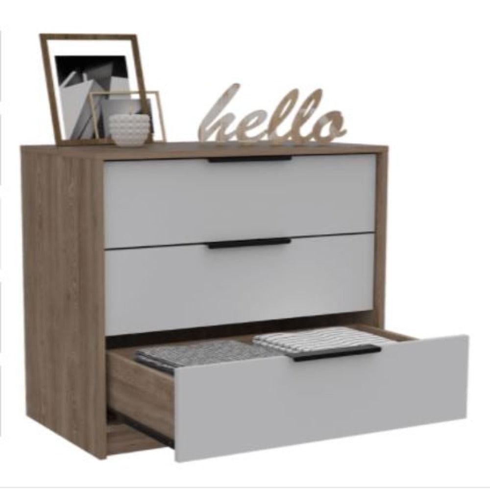 Cómoda Organizador Wesley, Miel y Blanco, con Tres Cajones Organizadores y Manijas Metálicas