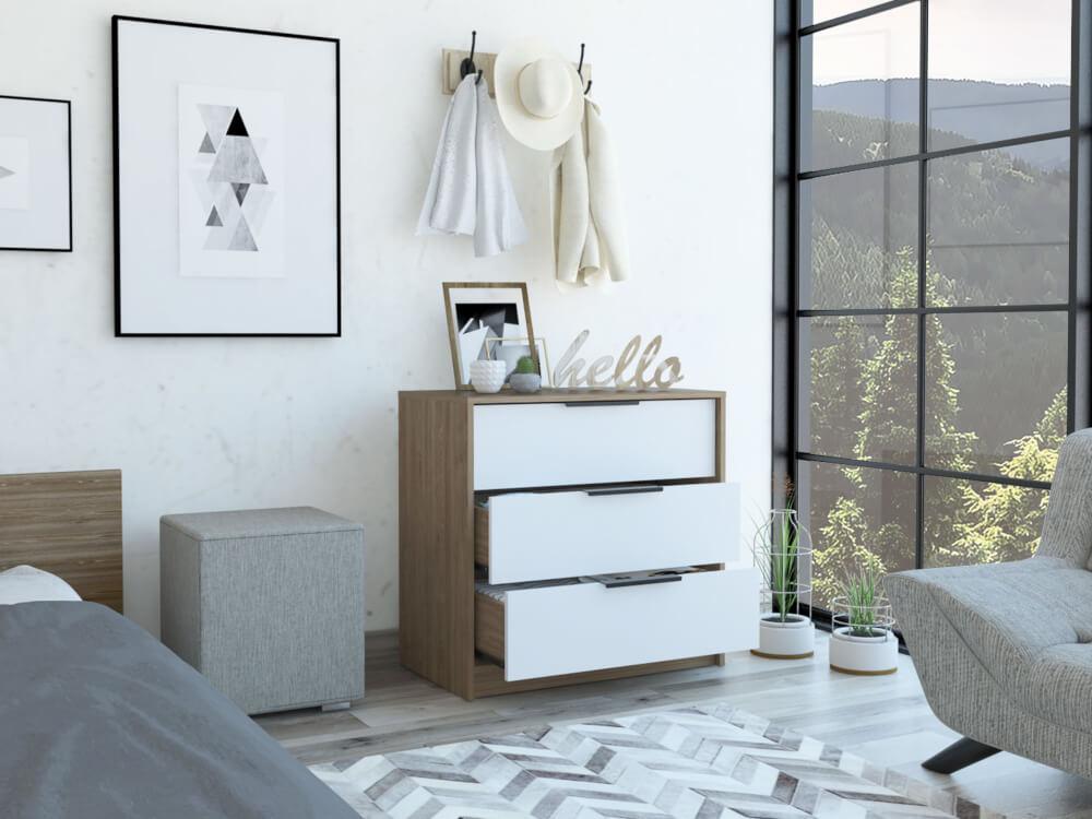 Cómoda Organizador Wesley, Miel y Blanco, con Tres Cajones Organizadores y Manijas Metálicas