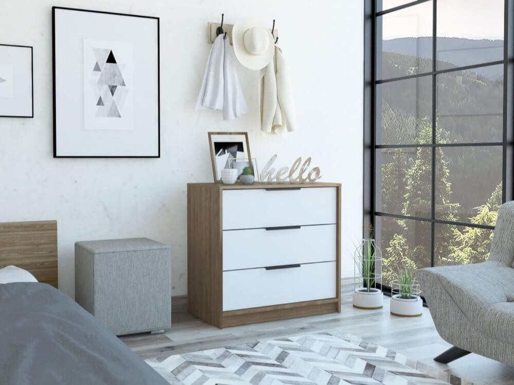 Cómoda Organizador Wesley, Miel y Blanco, con Tres Cajones Organizadores y Manijas Metálicas