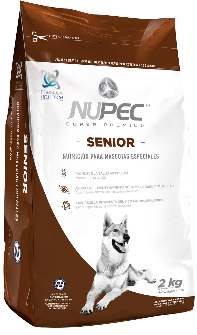 Nupec Senior croqueta para perro, alimento con los nutrientes esenciales para retrasar el envejecimiento del organismo, fortaleciendo el sistema inmune y las articulaciones, manteniéndolo activo y sano por más tiempo. Bolsa de 2 kg