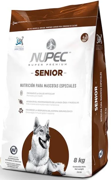 Nupec Senior croqueta para perro, alimento con los nutrientes esenciales para retrasar el envejecimiento del organismo, fortaleciendo el sistema inmune y las articulaciones, manteniéndolo activo y sano por más tiempo. Bolsa de 8 kg