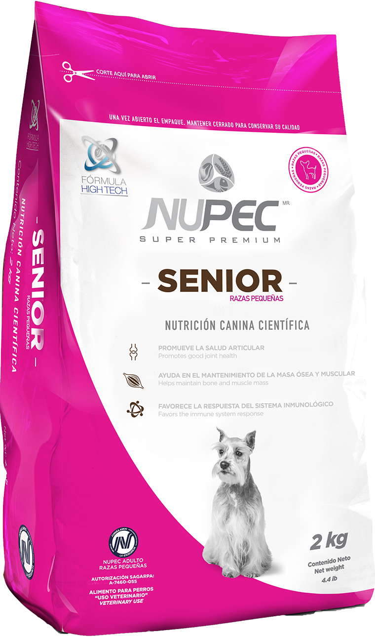 Nupec Senior Razas Pequeñas croqueta para perro, alimento con los nutrientes esenciales para retrasar el envejecimiento del organismo, fortaleciendo el sistema inmune y las articulaciones, manteniéndolo activo y sano por más tiempo. Bolsa de 2 kg
