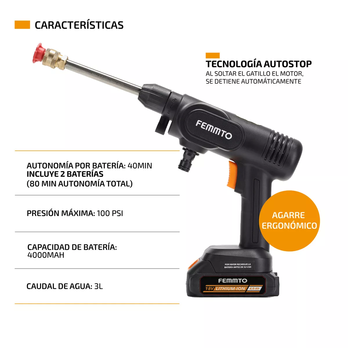 Hidrolavadora Electrica Hidro Portatil Pistola Lavado Presion Inalambrica 8000 mAh Negro/Naranja