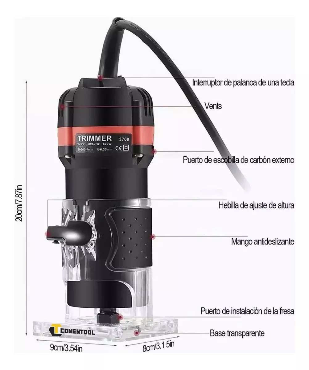 Enrutador Madera Recortadora Rebajadora 800w 15 Brocas Negro/Linea Roja