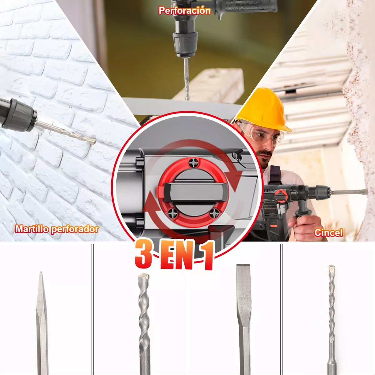 2200w Rotomartillo Eléctrico Cincelador Perforador Taladro Negro/Rojo