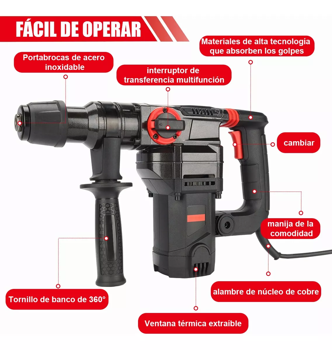 2200w Rotomartillo Eléctrico Cincelador Perforador Taladro Negro/Rojo