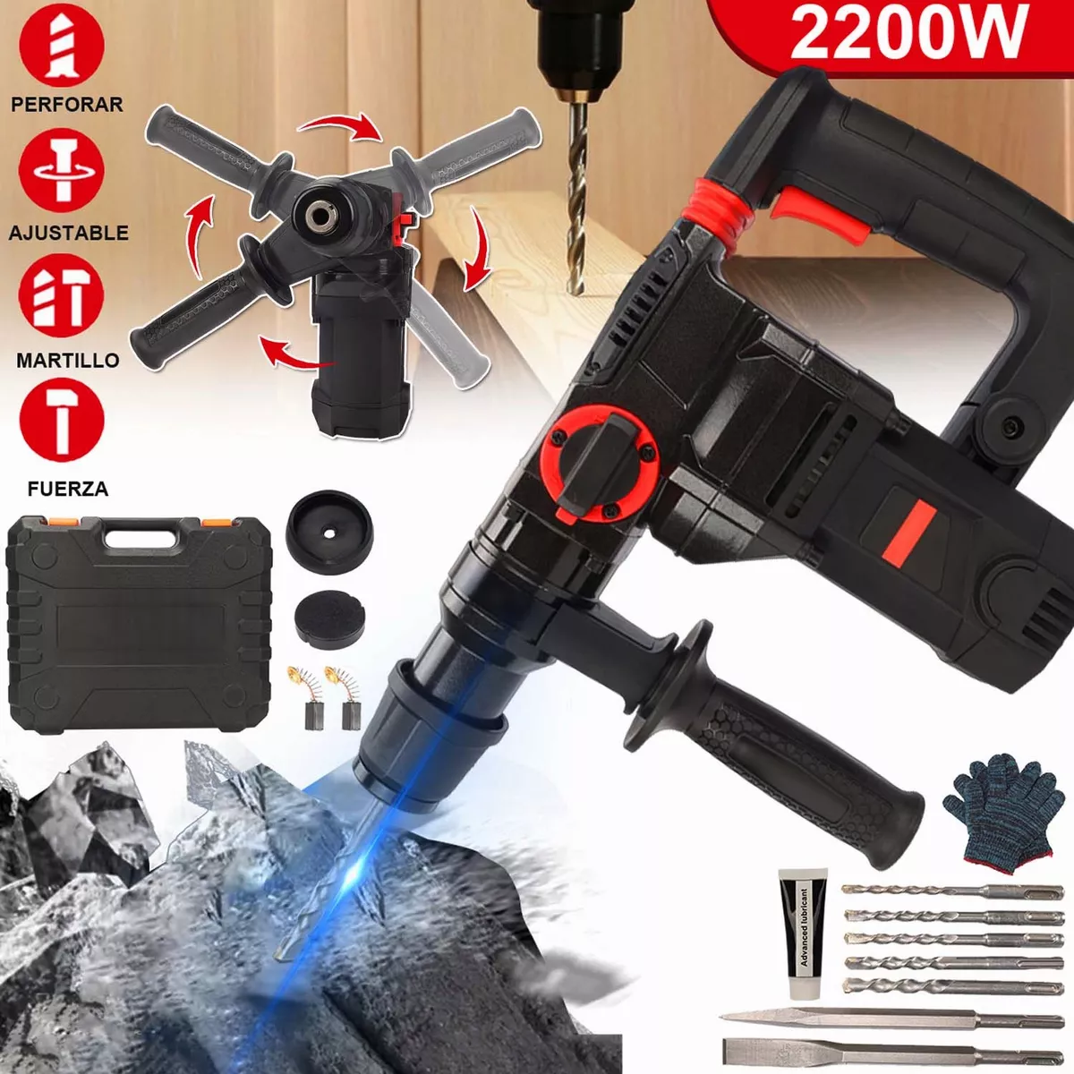 2200w Rotomartillo Eléctrico Cincelador Perforador Taladro Negro/Rojo