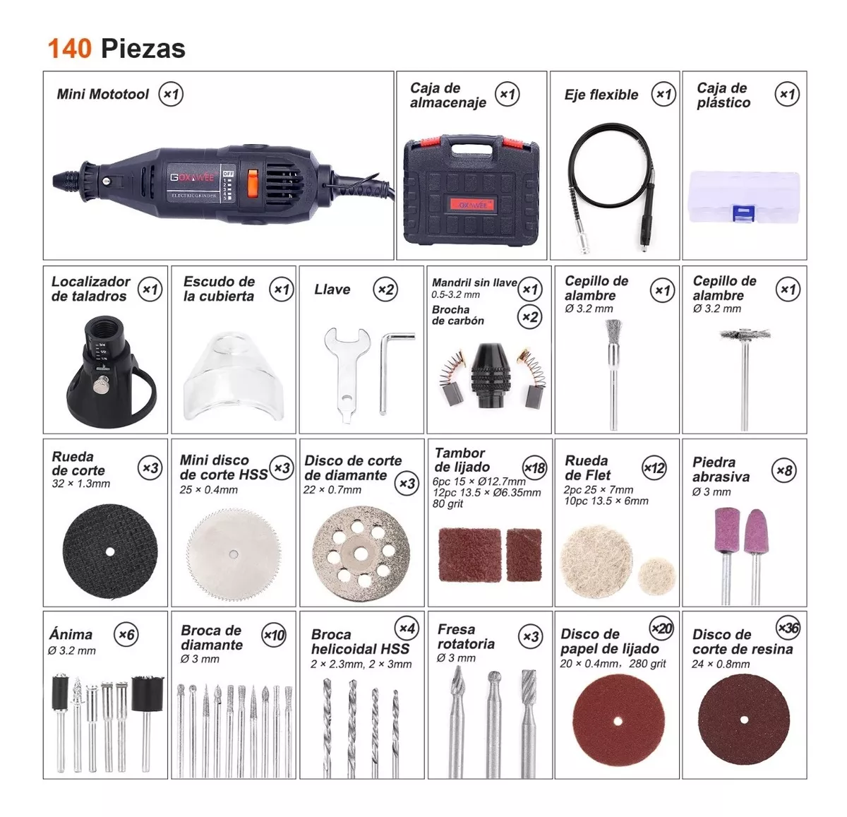 Mototool Electrico Herramientas Con 140 Accesorio Pro Negro