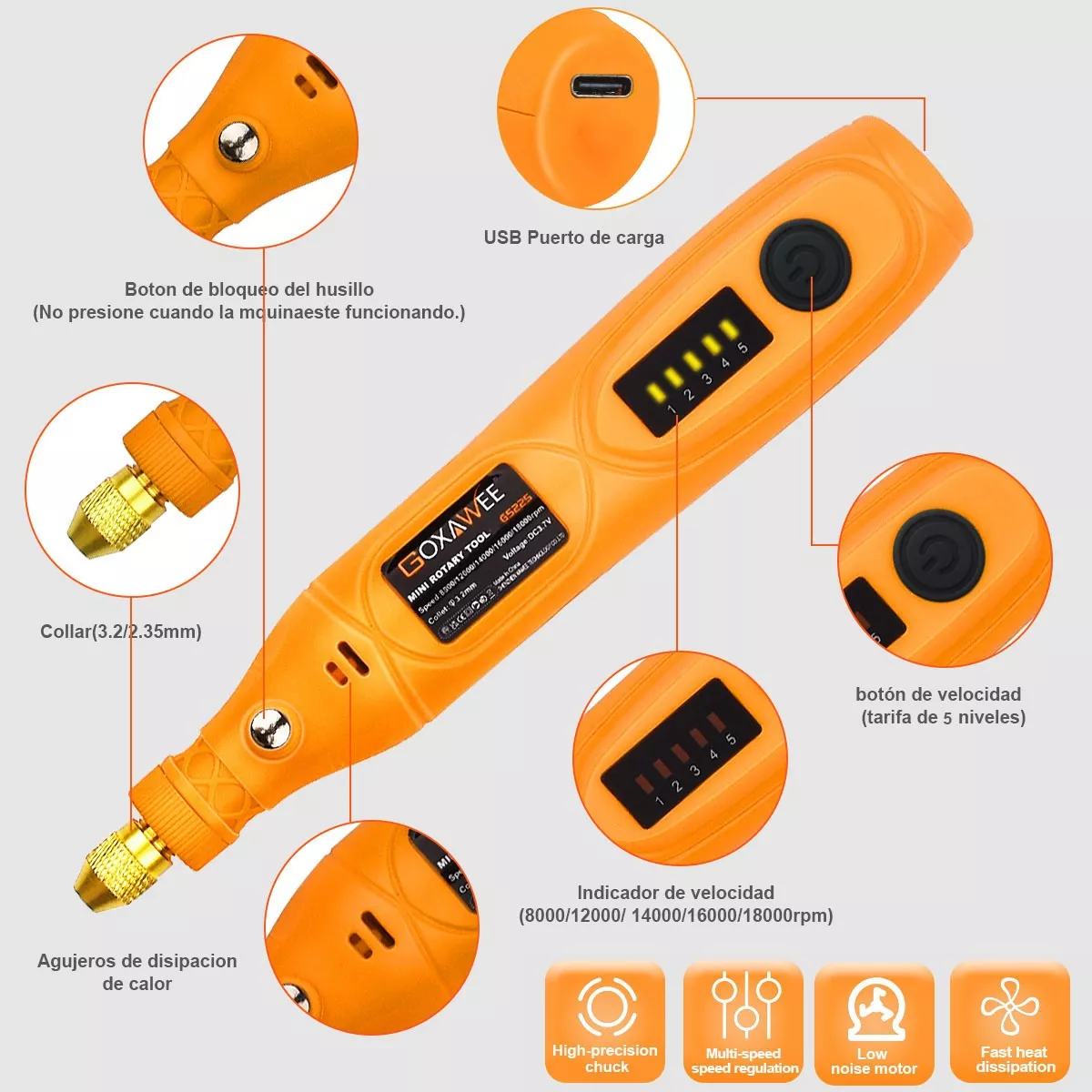 Mini Mototool Taladro Pulido Accesorios Naranja