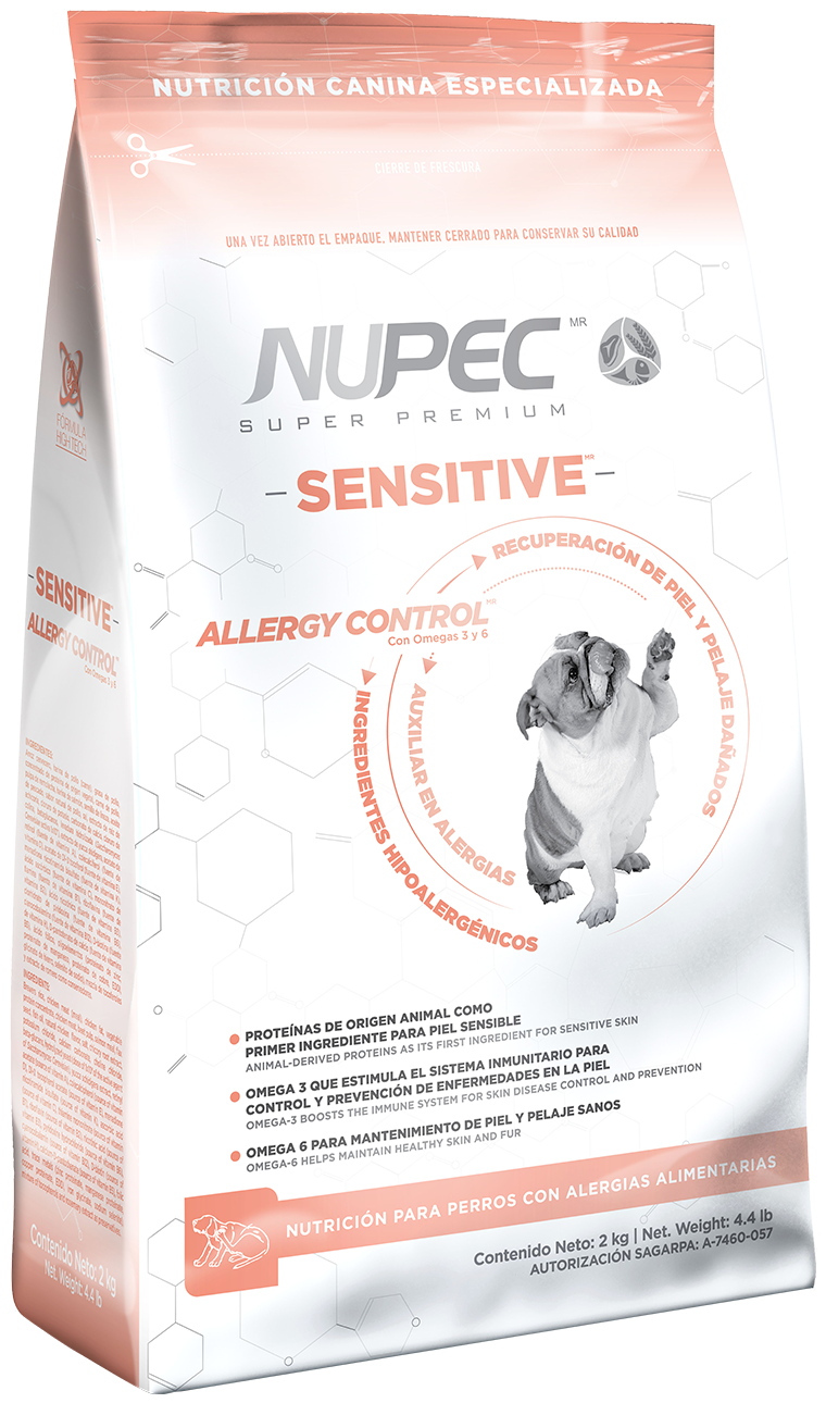 Nupec Sensitive croqueta para perro, alimento con una fórmula especializada con ingredientes hipoalergénicos auxiliares en el tratamiento de alergias alimentarias. Bolsa de 2 kg