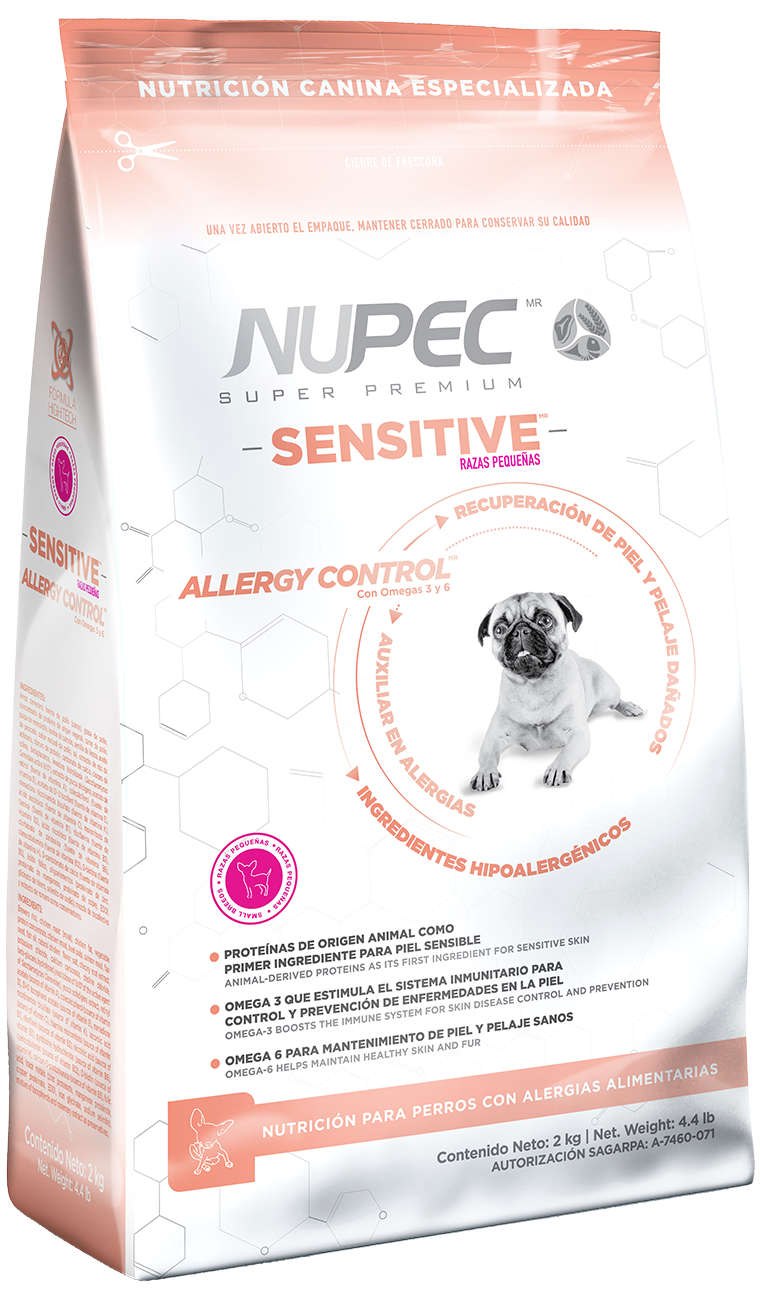 Nupec Sensitive raza pequeña croqueta para perro, alimento con una fórmula especializada con ingredientes hipoalergénicos auxiliares en el tratamiento de alergias alimentarias. Bolsa de 2 kg