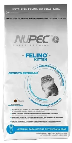 Nupec Felino Kitten croqueta para gatitos de temprana edad, alimento con una nutrición especializada que favorece su óptimo desarrollo cognitivo, inmune, óseo y muscular.  Bolsa de 3 kg