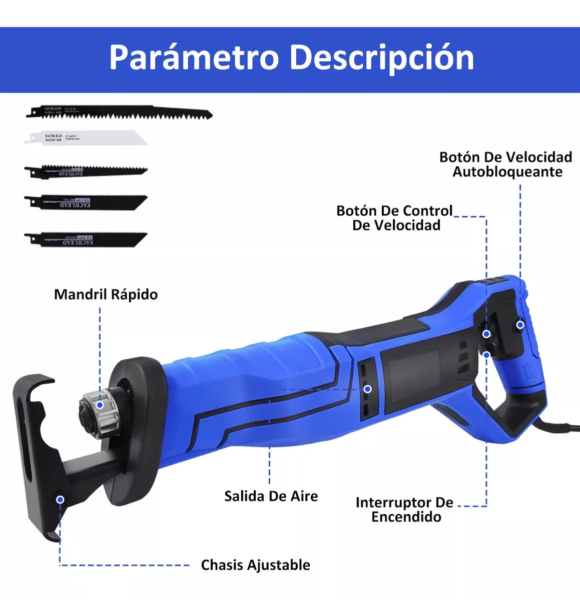 Sierra Reciproca Eléctrica Sable Velocidad Con 5 Seguetas Azul  Rey/Negro