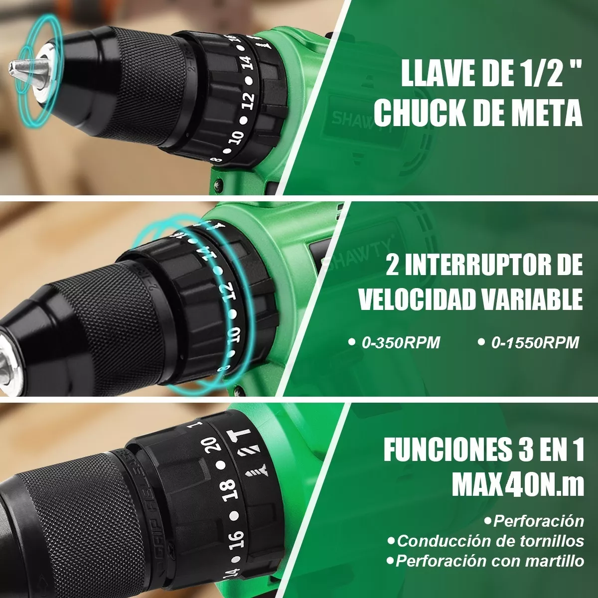 Taladro Rotomartillo Percutor 1/2'' De 20v C/2batería Verde