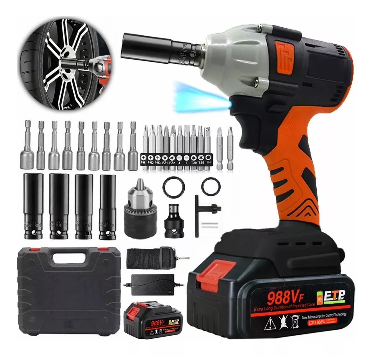 Llave De Impacto Inalámbrico Kit Pistola Impacto Batería Naranja/Negro