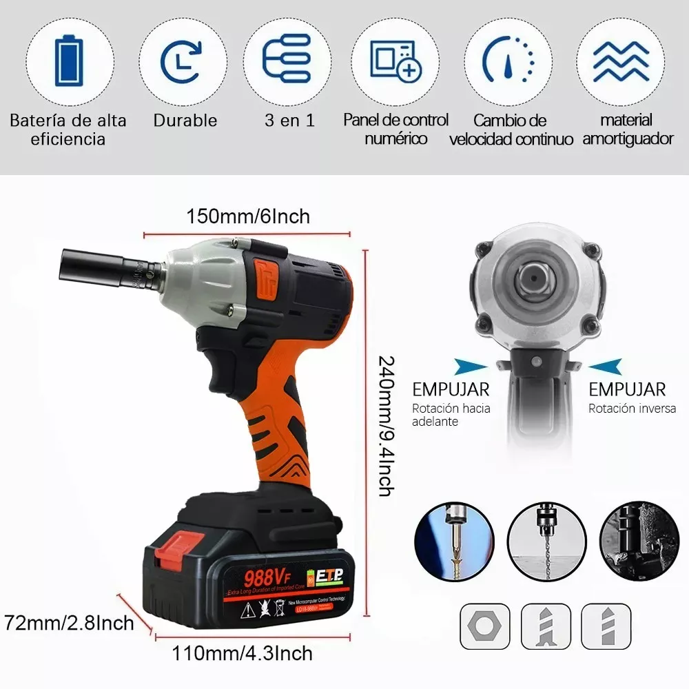 Llave De Impacto Inalámbrico Kit Pistola Impacto Batería Naranja/Negro