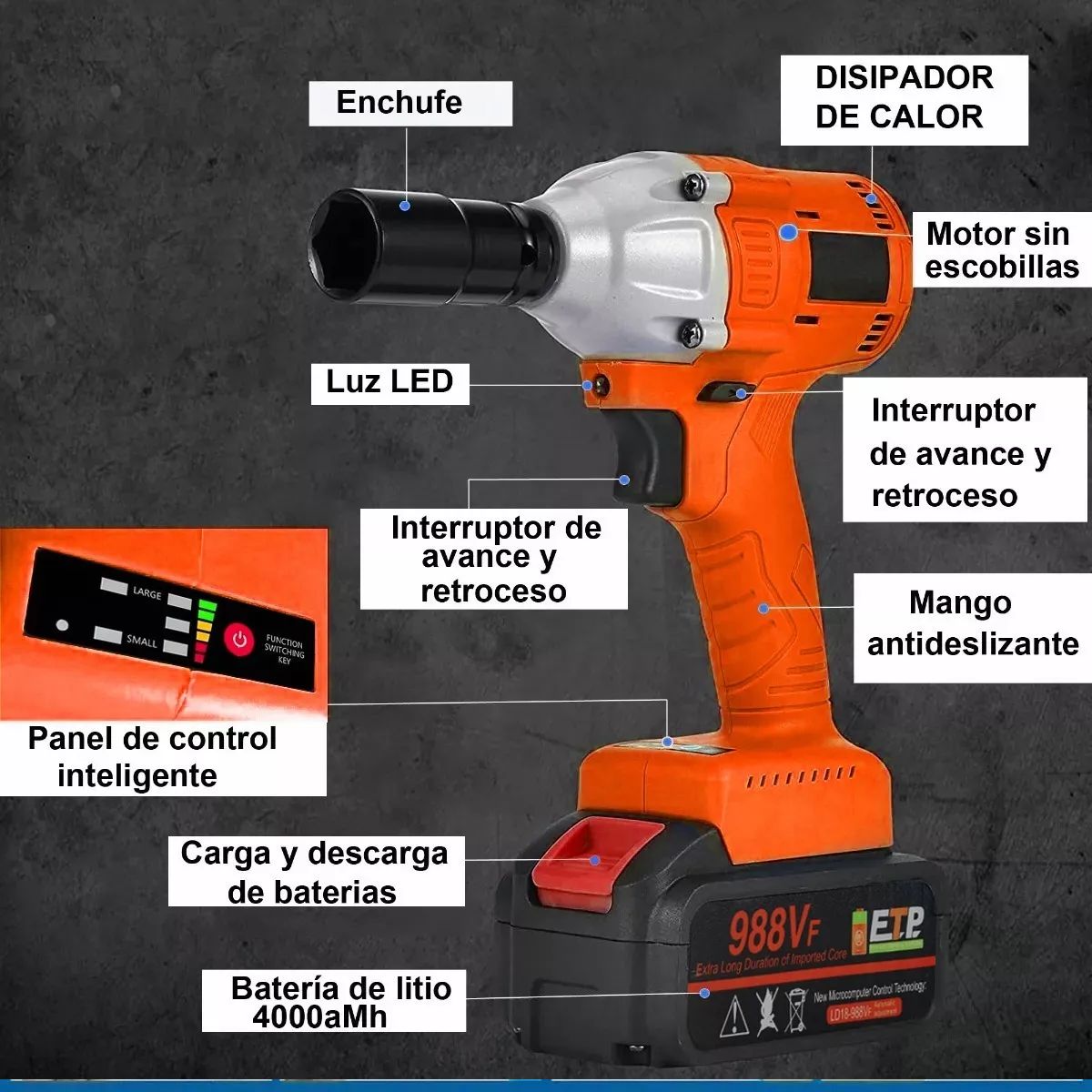 Llave De Impacto Inalámbrico Kit Pistola Impacto Batería Naranja/Negro