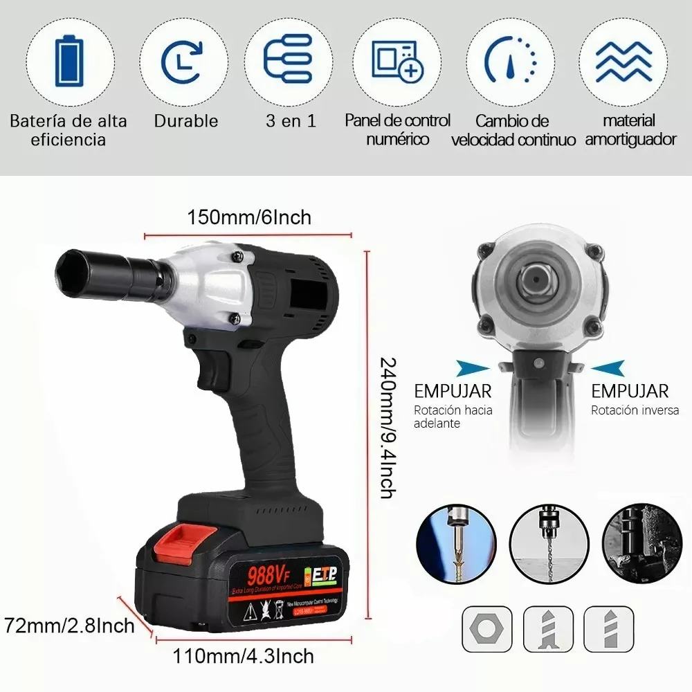 Llave De Impacto Inalámbrico Kit Electrica 500nm Con Batería Negro/Plata