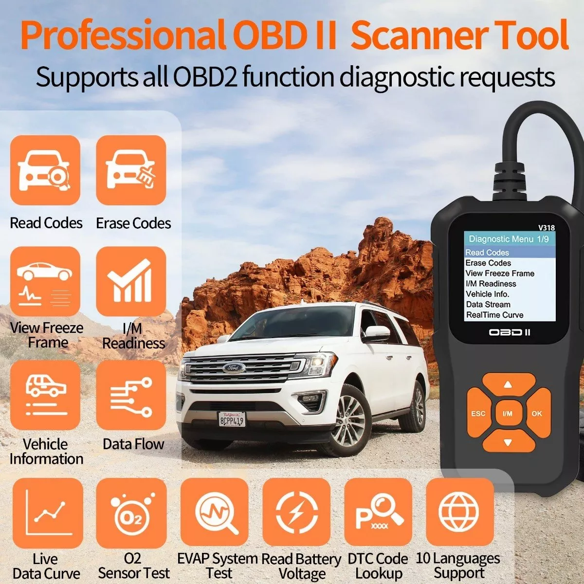 Escaner Automotriz Obd2 Can O2 Sensor I/m Leer Borrar Código Negro  botones naranjas