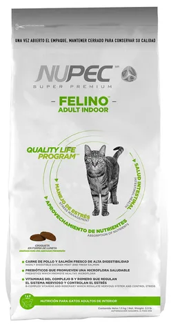 Nupec Felino Adult Indoor croqueta para gato adulto, alimento con una nutrición especializada con un balance de ingredientes que regulan el sistema nervioso y mantienen una condición corporal saludable. Bolsa de 1.5 kg