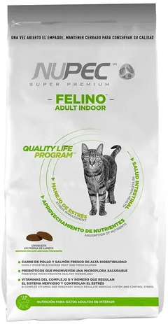 Nupec Felino Adult Indoor croqueta para gato adulto, alimento con una nutrición especializada con un balance de ingredientes que regulan el sistema nervioso y mantienen una condición corporal saludable. Bolsa de 3 kg