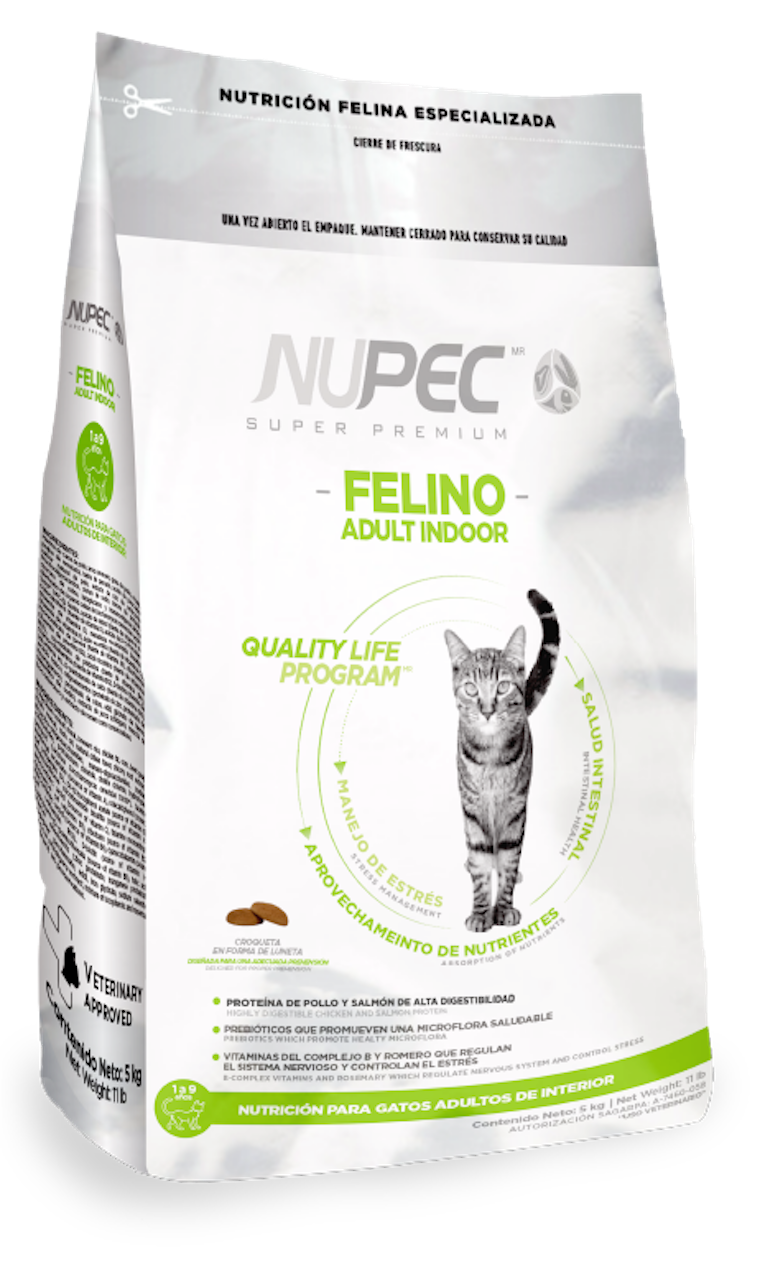 Nupec Felino Adult Indoor croqueta para gato adulto, alimento con una nutrición especializada con un balance de ingredientes que regulan el sistema nervioso y mantienen una condición corporal saludable. Bolsa de 5 kg