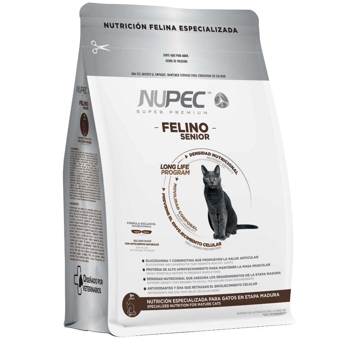 Nupec felino senior croqueta para gato en etapa madura, alimento con una nutrición especializada con un balance de ingredientes que previene el envejecimiento celular, manteniéndolo activo y sano por más tiempo. Bolsa de 1.5 kg