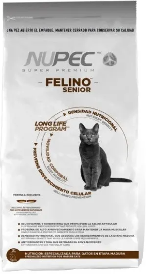 Nupec felino senior croqueta para gato en etapa madura, alimento con una nutrición especializada con un balance de ingredientes que previene el envejecimiento celular, manteniéndolo activo y sano por más tiempo. Bolsa de 3 kg
