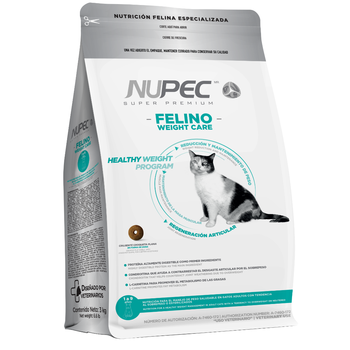 Nupec felino Weight Care croqueta para gato Adulto, un alimento que ayuda a tu gato alcanzar y mantener su peso ideal, por medio de una sana alimentación. Bolsa de 3 kg